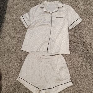 White Short Sleeve Pajama Set with Black Trim
